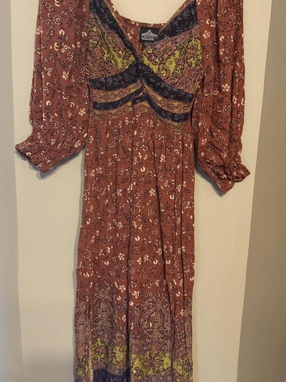 Angie Rust Floral Maxi Dress with Navy & Green Accents